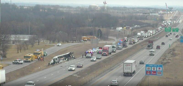 Tractor-Trailer Sideswipes Bus on I-70 in Blue Springs